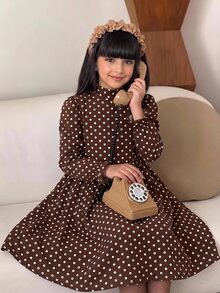 SHEIN 兒童青少年女孩編織波點立領休閒A字公主洋裝 - 彩色 - 查看 2