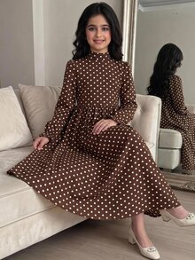 SHEIN 兒童青少年女孩編織波點立領休閒A字公主洋裝 - 彩色 - 查看 3