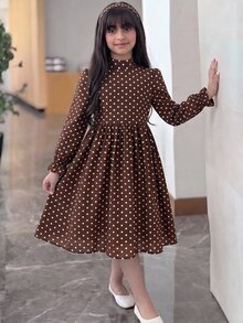 SHEIN 兒童青少年女孩編織波點立領休閒A字公主洋裝 - 彩色 - 查看 4