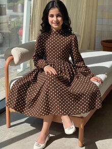 SHEIN 兒童青少年女孩編織波點立領休閒A字公主洋裝 - 彩色 - 查看 5