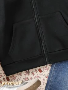 SHEIN 兒童青少年女孩蝴蝶結刺繡圖案拉鍊連帽衛衣 秋季款 - 黑色 - 查看 9