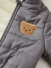 Cozy Pixies 男嬰卡通熊貼布 3D 可愛耳朵加厚抓絨連帽長袖拉鍊外套，百搭舒適冬季夾克 - 灰色 - 查看 5