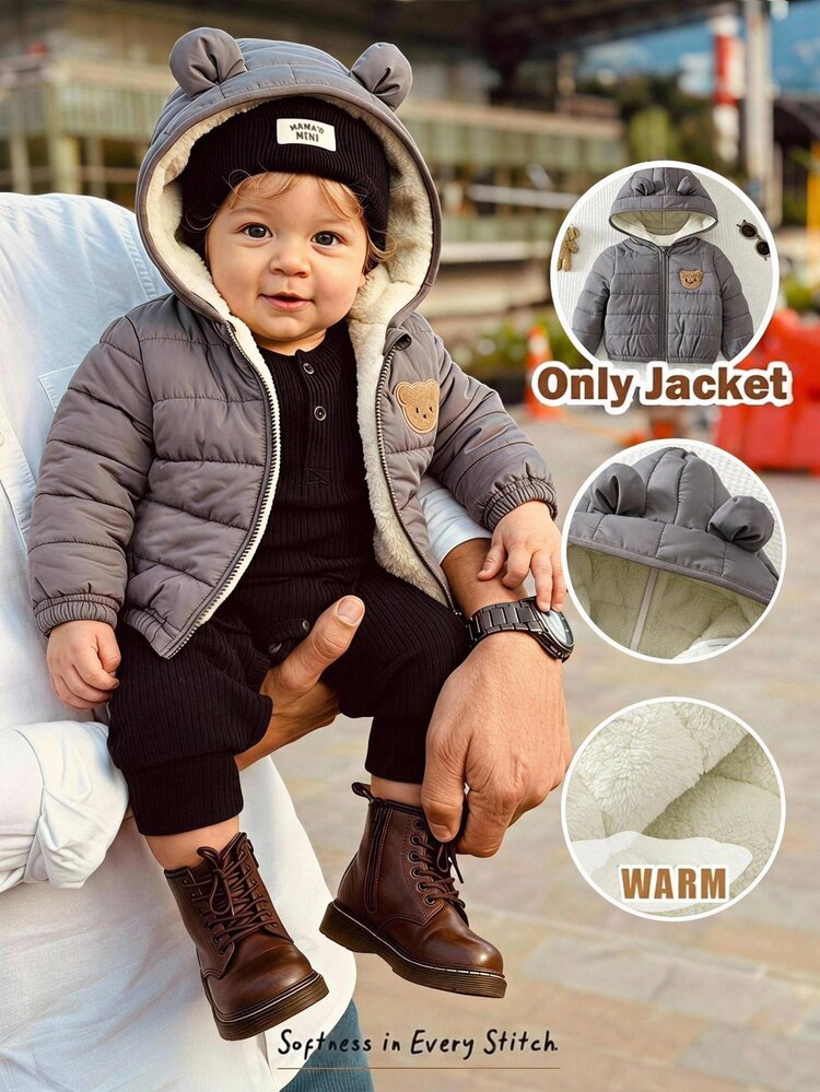 Cozy Pixies Baby Boy Cartoon Bear Patch 3D Cute Ears Padded Fleece Thick Hooded Long Sleeve Zip-Up Winter Jacket, Versatile And Comfortable - Grey - View 3