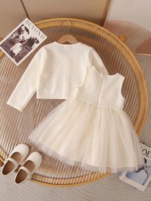 SHEIN Baby Girl Elegant Mesh Patchwork Dress With Jacket - White - View 3