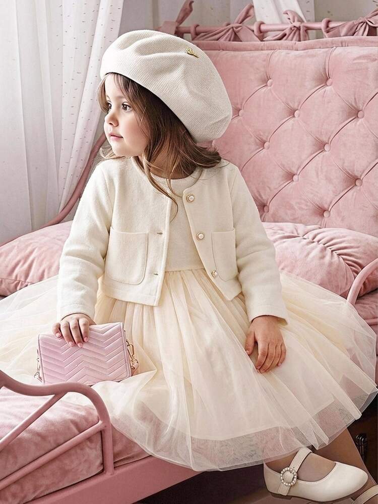 SHEIN Baby Girl Elegant Mesh Patchwork Autumn Winter Dress With Jacket - White - View 2