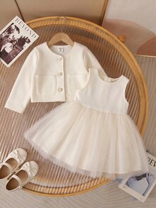 SHEIN Baby Girl Elegant Mesh Patchwork Dress With Jacket - White - View 1