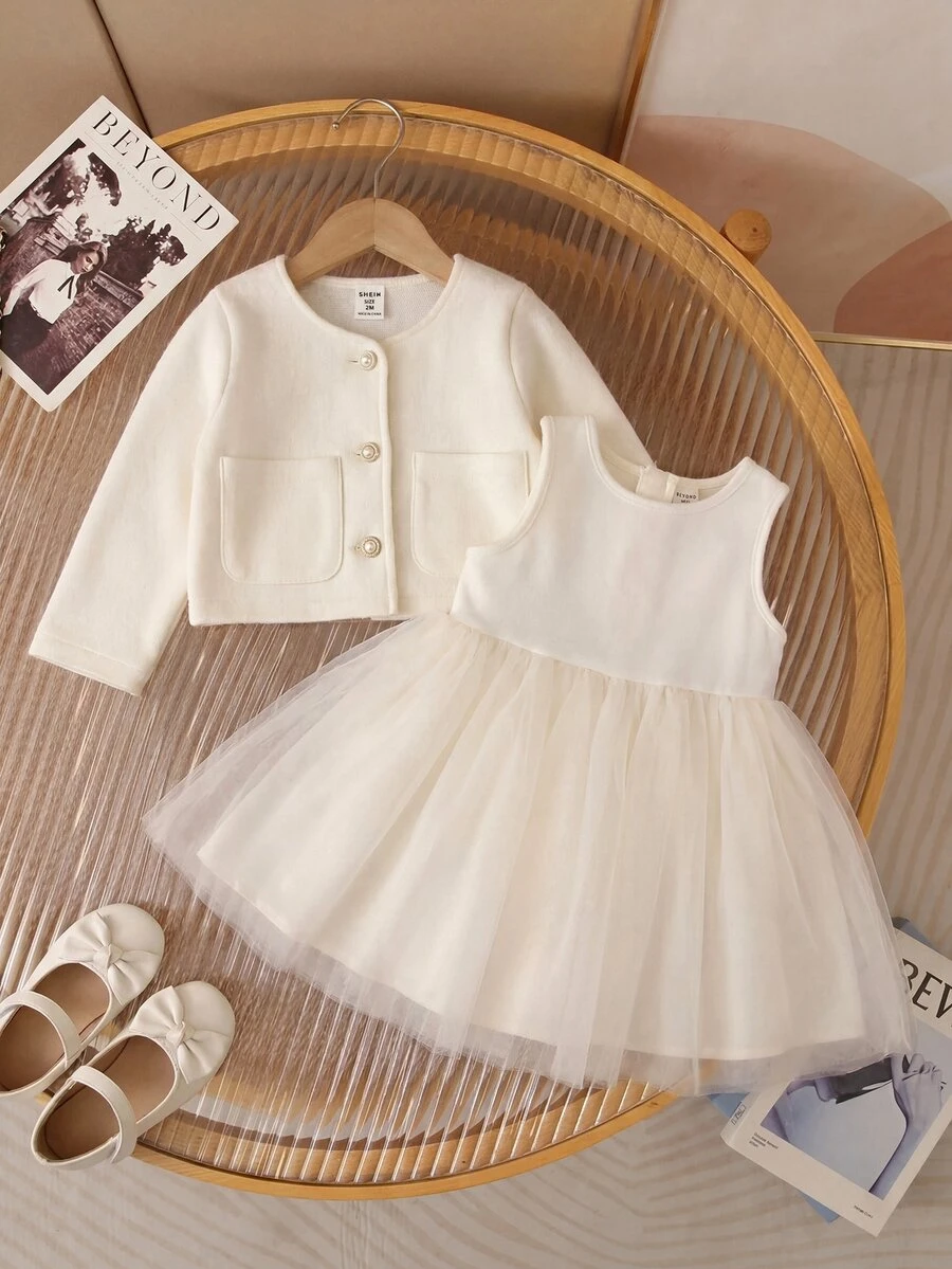 SHEIN Baby Girl Elegant Mesh Patchwork Dress With Jacket - White - View 1