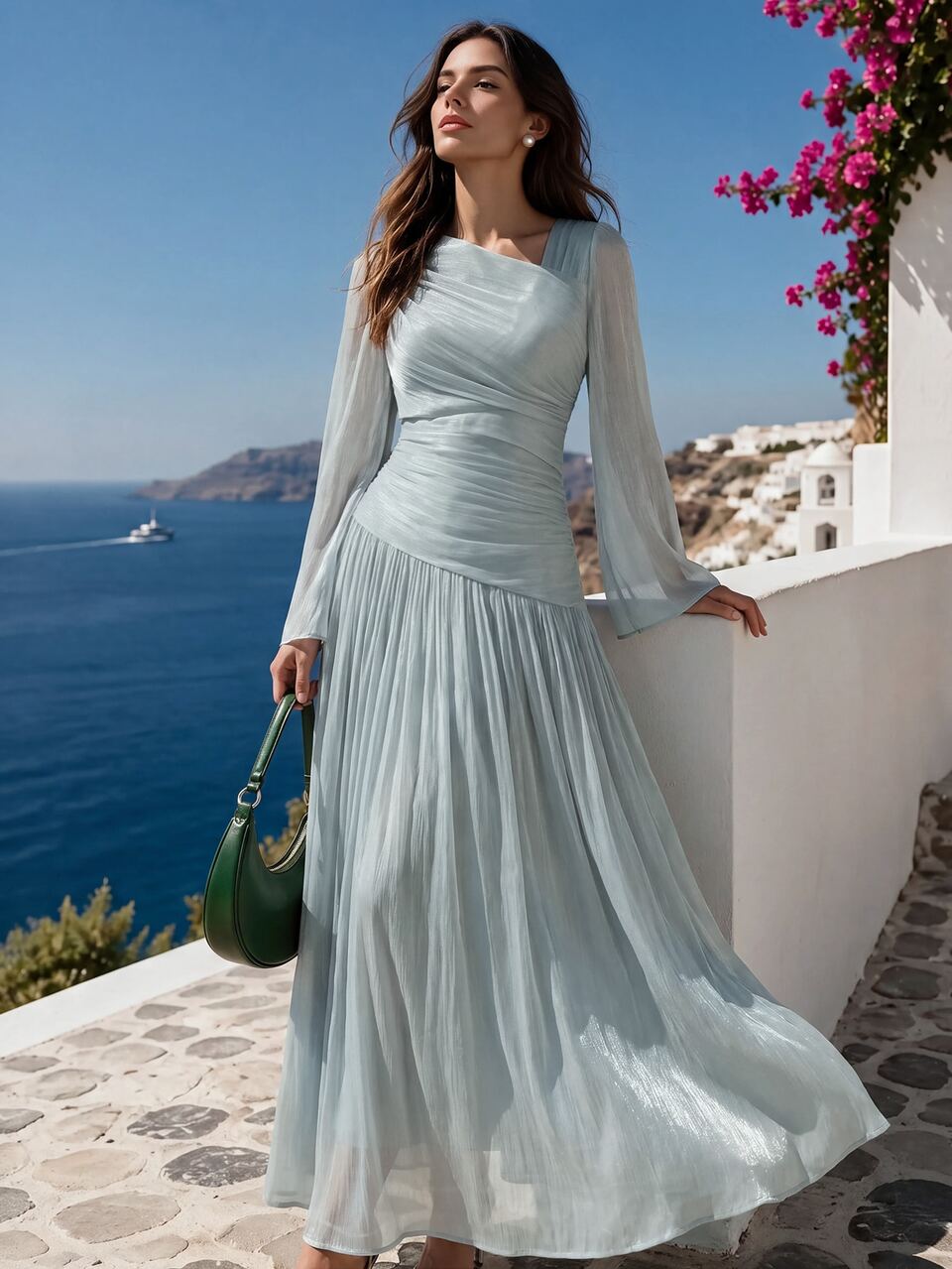 Anewsta Women's Elegant Romantic Asymmetrical Collar Pleated Cinched Waist Water Sleeve Long Dress Wedding Corporate Formal Sage Green Autumn