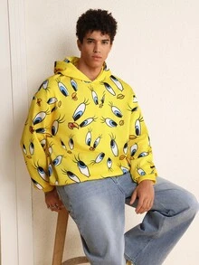 LOONEY TUNES X SHEIN Men's Cartoon Pattern Print Long Sleeve Hoodie - Yellow - View 6