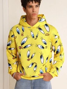 LOONEY TUNES X SHEIN Men's Cartoon Pattern Print Long Sleeve Hoodie - Yellow - View 3