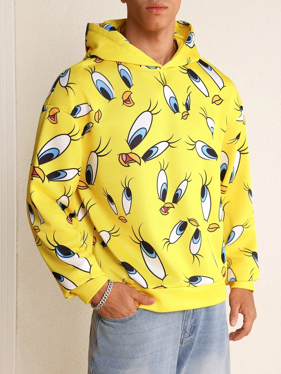 LOONEY TUNES X SHEIN Men's Cartoon Pattern Print Long Sleeve Hoodie - Yellow - View 1