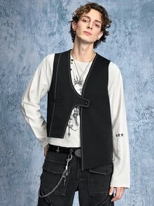 ROMWE MEN Street Life Colete Masculino de Cor Sólida com Botão Único, Moda Versátil para Trabalho e Viagem - Preto - Visão 11