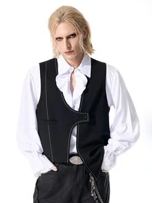 ROMWE MEN Street Life Colete Masculino de Cor Sólida com Botão Único, Moda Versátil para Trabalho e Viagem - Preto - Visão 8