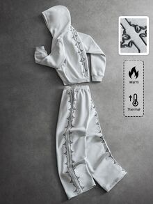 ROMWE MEN 男士刺繡連帽衛衣與運動長褲套裝 - 灰色 - 查看 1