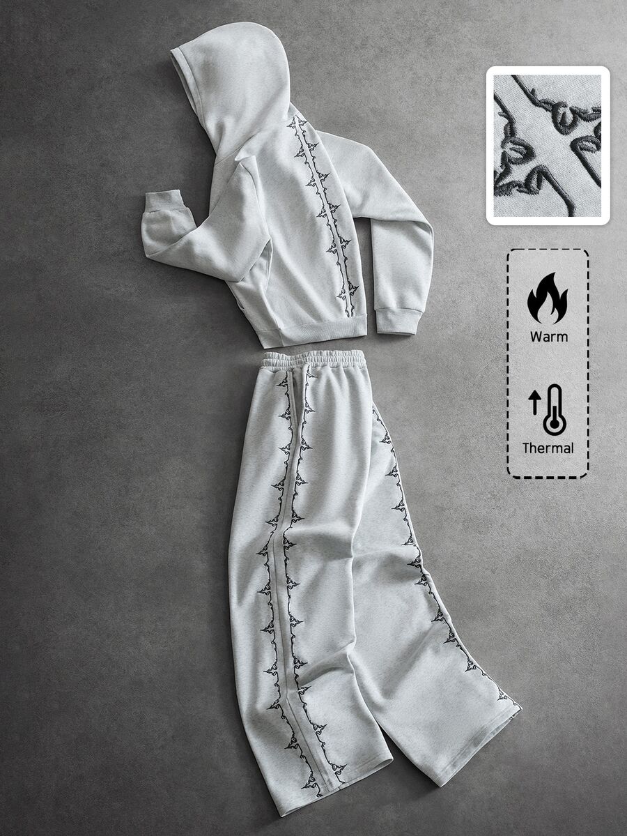 ROMWE MEN 男士刺繡連帽衛衣與運動長褲套裝 - 灰色 - 查看 1