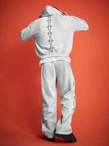 ROMWE MEN 男士刺繡連帽衛衣與運動長褲套裝 - 灰色 - 查看 4