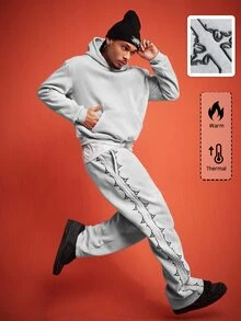 ROMWE MEN 男士刺繡連帽衛衣與運動長褲套裝 - 灰色 - 查看 3