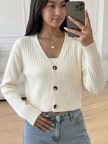SHEIN Teen Girls Cardigans Autumn/Winter New White Casual Minimalist V-Neck Open Front - White - View 1
