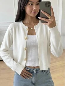 SHEIN Teen Girls Cardigans Autumn/Winter New Casual Minimalist White Knit Starfish Metal Button Contrast Color Open Front Sweater - White - View 1