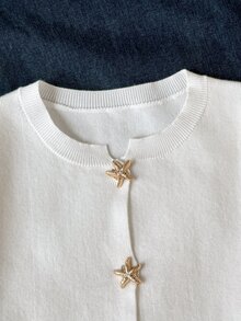 SHEIN Teen Girls Cardigans Autumn/Winter New Casual Minimalist White Knit Starfish Metal Button Contrast Color Open Front Sweater - White - View 4