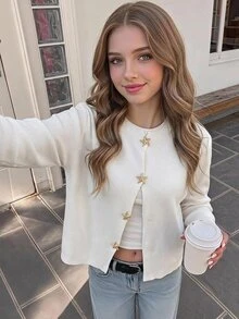 SHEIN Teen Girls Cardigans Autumn/Winter New Casual Minimalist White Knit Starfish Metal Button Contrast Color Open Front Sweater - White - View 6