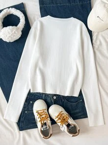 SHEIN Teen Girls Cardigans Autumn/Winter New Casual Minimalist White Knit Starfish Metal Button Contrast Color Open Front Sweater - White - View 2