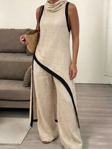 Trelyra 女款優雅休閒杏色不對稱無袖高領上衣，寬鬆休閒優雅風 - 卡其色 - 查看 6