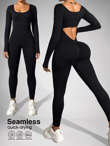 Slayform Slayform Plain Sexy Backless Jumpsuit With Long Sleeves And High Neck, Tight Fitting Sports Romper - Black - View 8