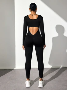 Slayform Slayform Plain Sexy Backless Jumpsuit With Long Sleeves And High Neck, Tight Fitting Sports Romper - Black - View 3