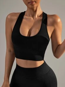Slayform Slayform Solid Color Sleeveless Simple Seamless Sports Bra, Casual Daily Wear - Black - View 4