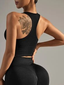 Slayform Slayform Solid Color Sleeveless Simple Seamless Sports Bra, Casual Daily Wear - Black - View 2
