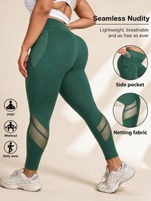 SHEIN Rhythm Era 加大码高腰收腹塑形运动紧身裤带网眼口袋女式瑜伽裤 - 綠色 - 查看 4