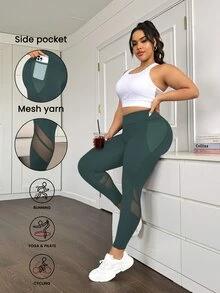 SHEIN Rhythm Era 加大码高腰收腹塑形运动紧身裤带网眼口袋女式瑜伽裤 - 綠色 - 查看 8