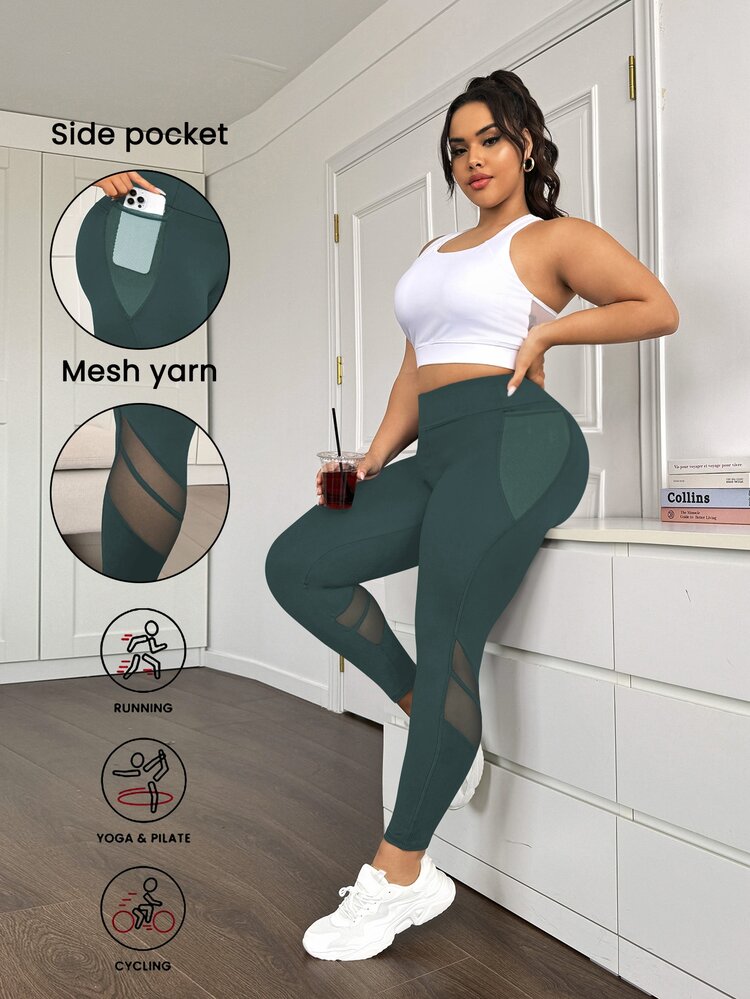 SHEIN Rhythm Era Celana Legging Olahraga Pembentuk Tubuh Ukuran Besar dengan Pinggang Tinggi dan Kantong Jala untuk Wanita, Cocok untuk Membentuk Perut, dan Yoga. - Hijau - View 7