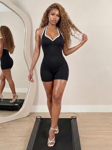 SHEIN Sovereign Charm Seamless One-Piece Jumpsuit Black & White Color Block - Black and White - View 7