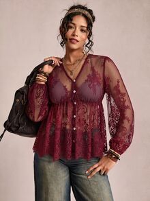 Freevana Women's Lace Shell Button Sheer Blouse, Plus Size Loose Elegant Shirt For Daily Wear, Outing, Commuting, Vacation, Spring/Summer - Burgundy - View 17