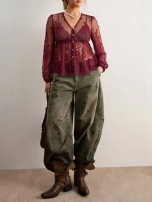 Freevana Women's Lace Shell Button Sheer Blouse, Plus Size Loose Elegant Shirt For Daily Wear, Outing, Commuting, Vacation, Spring/Summer - Burgundy - View 7