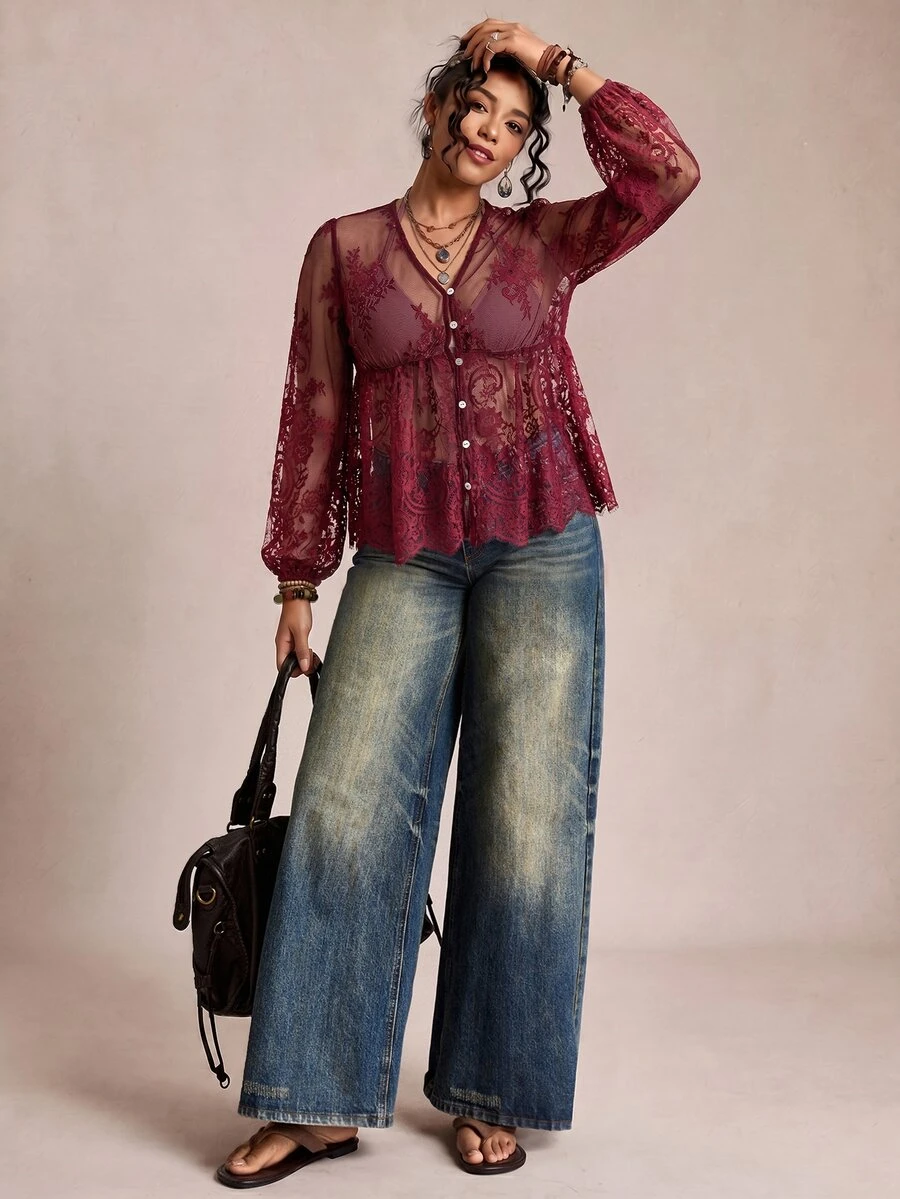 Freevana Women's Lace Shell Button Sheer Blouse, Plus Size Loose Elegant Shirt For Daily Wear, Outing, Commuting, Vacation, Spring/Summer - Burgundy - View 1