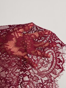 Freevana Women's Lace Shell Button Sheer Blouse, Plus Size Loose Elegant Shirt For Daily Wear, Outing, Commuting, Vacation, Spring/Summer - Burgundy - View 8