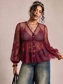 Freevana Women's Lace Shell Button Sheer Blouse, Plus Size Loose Elegant Shirt For Daily Wear, Outing, Commuting, Vacation, Spring/Summer - Burgundy - View 15