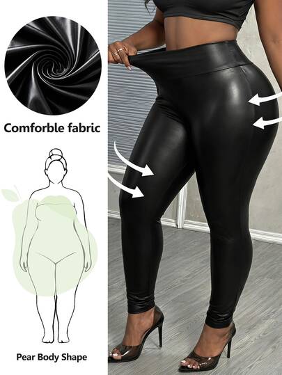 Slaydiva Plus Size Women's PU Material Fashionable Elegant Sexy Tight Long Pants Date Night Black Summer