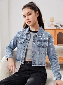 SHEIN Tween Girl Denim Short Jacket Set, Washed Light Blue Denim, Frayed Hem, Pearl Embellishments, Fall, Daily Commute School Holiday, Campus Casual Cute - Light Wash - View 3