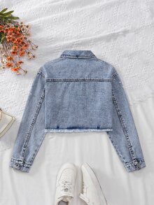 SHEIN Tween Girl Denim Short Jacket Set, Washed Light Blue Denim, Frayed Hem, Pearl Embellishments, Fall, Daily Commute School Holiday, Campus Casual Cute - Light Wash - View 2