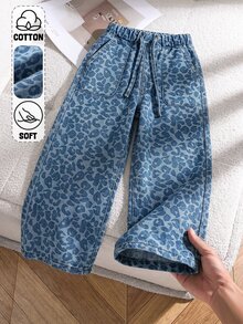 女童復古90年代豹紋印花寬鬆口袋高腰休閒牛仔褲，百搭寬腿牛仔褲，Y2K風格，適合返校、校園、休閒牛仔褲，女童秋冬寬鬆長褲，高腰長款豹紋印花寬腿牛仔褲，街頭風，寬鬆長褲，藍色水洗豹紋印花 - 中等水洗藍 - 查看 7