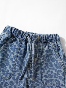 女童復古90年代豹紋印花寬鬆口袋高腰休閒牛仔褲，百搭寬腿牛仔褲，Y2K風格，適合返校、校園、休閒牛仔褲，女童秋冬寬鬆長褲，高腰長款豹紋印花寬腿牛仔褲，街頭風，寬鬆長褲，藍色水洗豹紋印花 - 中等水洗藍 - 查看 5