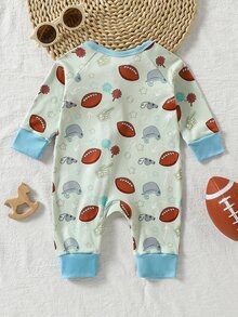 Newborn Baby Football Baseball Pentagram Whistle Baseball Cap All-Over Print Full Zip Long Sleeve Romper Loungewear - Green - View 3
