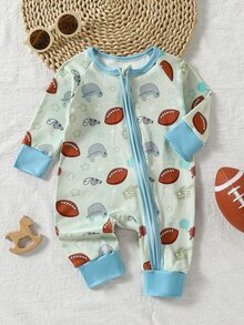 Newborn Baby Football Baseball Pentagram Whistle Baseball Cap All-Over Print Full Zip Long Sleeve Romper Loungewear - Green - View 2