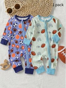 Newborn Baby Football Baseball Pentagram Whistle Baseball Cap All-Over Print Full Zip Long Sleeve Romper Loungewear - Green - View 1