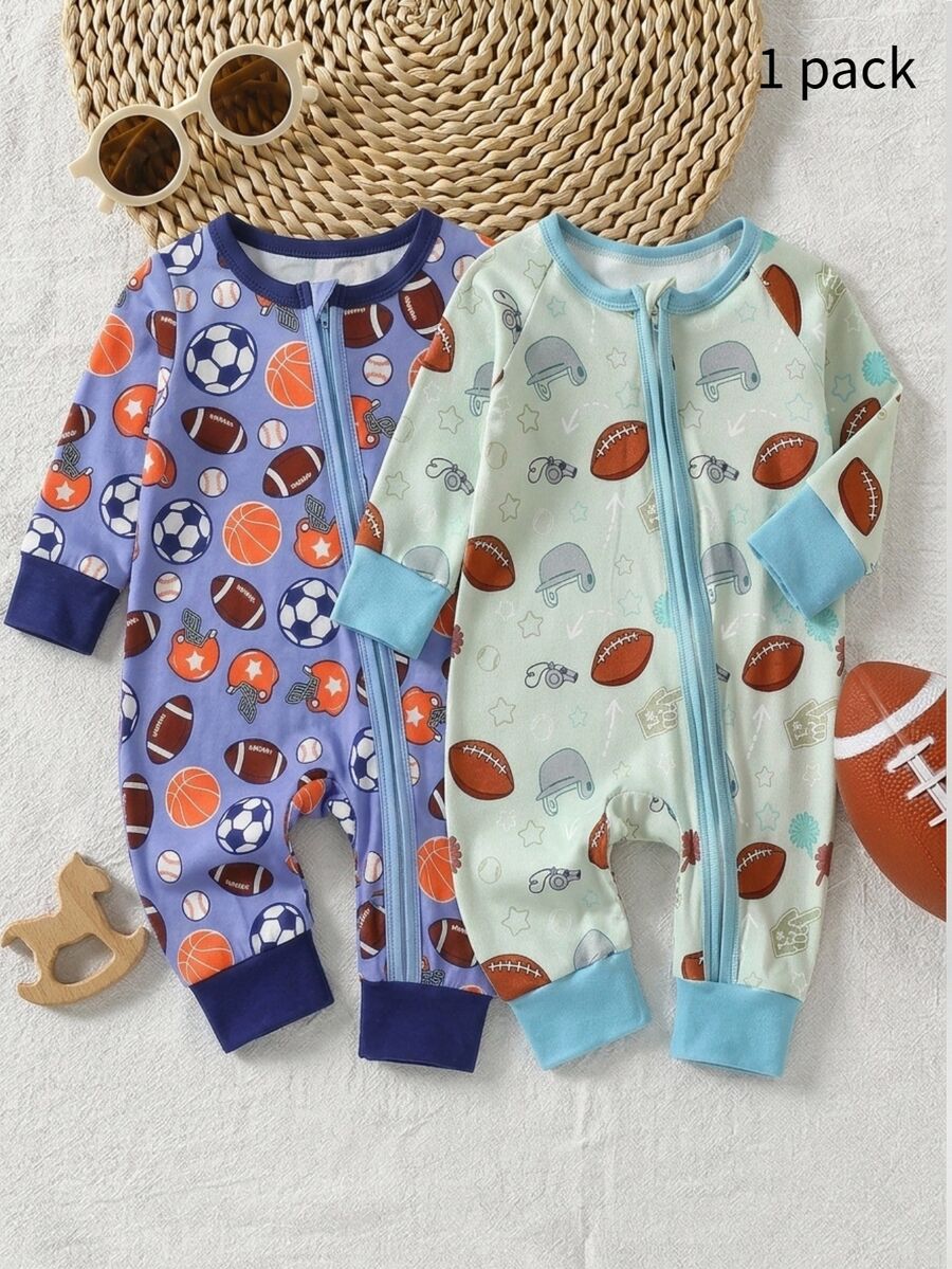 Newborn Baby Football Baseball Pentagram Whistle Baseball Cap All-Over Print Full Zip Long Sleeve Romper Loungewear - Green - View 1