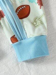 Newborn Baby Football Baseball Pentagram Whistle Baseball Cap All-Over Print Full Zip Long Sleeve Romper Loungewear - Green - View 6